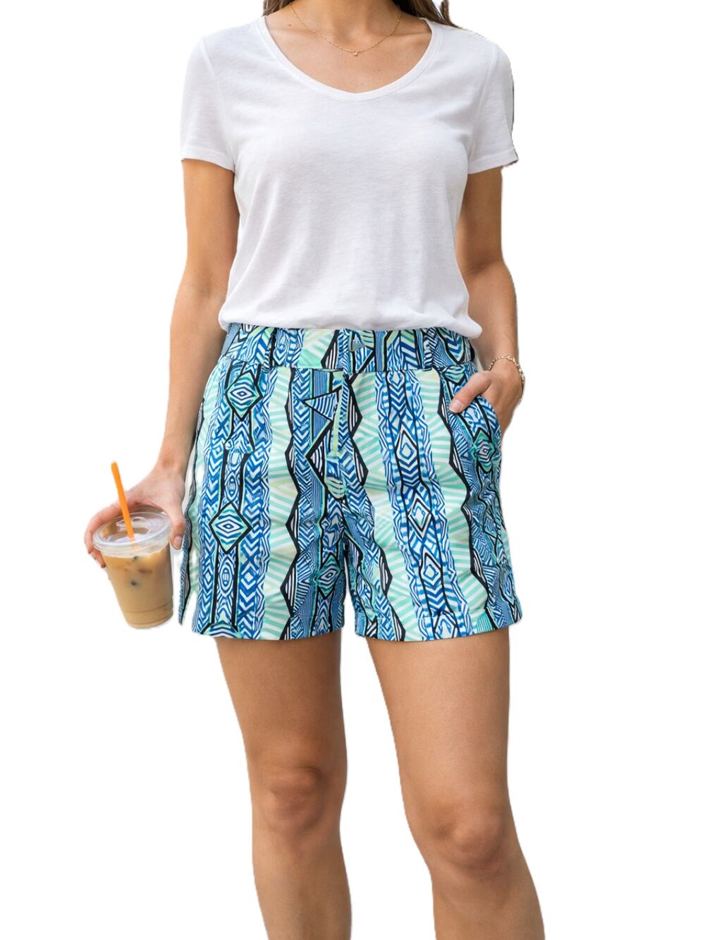 NWT NY&C 7th Ave. Geometric Print Blue Teal White 4” City Shorts with Pockets-8
